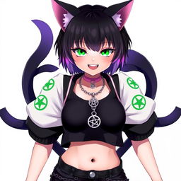 27-year-old anime cat girl with two tails, featuring short black hair with purple highlights