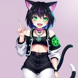 27-year-old anime cat girl with two tails, featuring short black hair with purple highlights