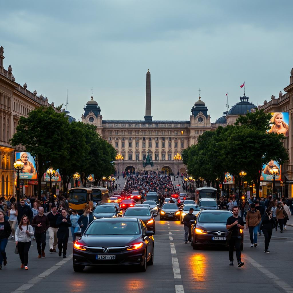 A bustling scene at Khreshchatyk Street and Maidan Nezalezhnosti in Kyiv, showcasing the vibrant city life