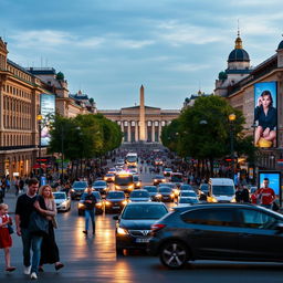 A bustling scene at Khreshchatyk Street and Maidan Nezalezhnosti in Kyiv, showcasing the vibrant city life