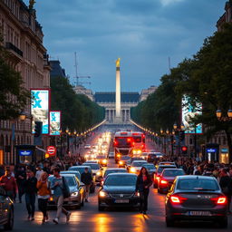 A bustling scene at Khreshchatyk Street and Maidan Nezalezhnosti in Kyiv, showcasing the vibrant city life