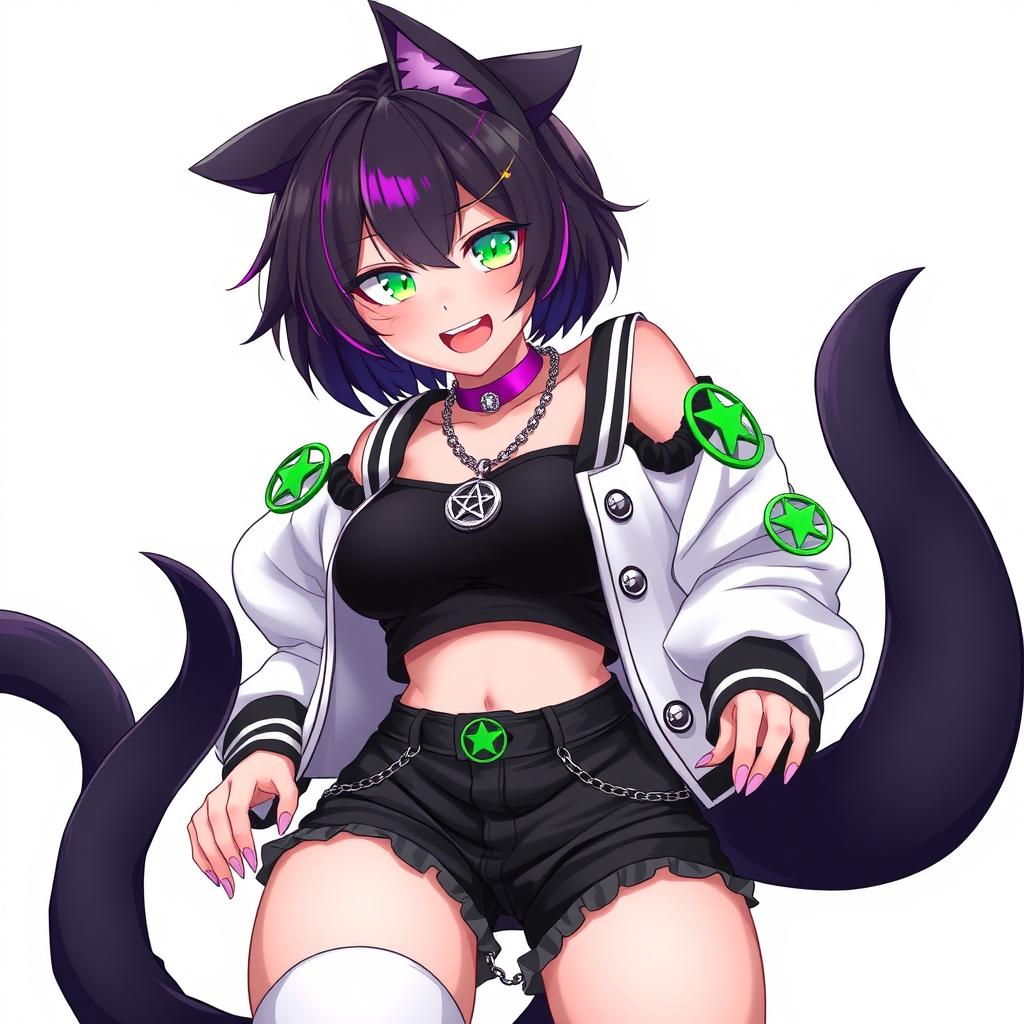 Anime style 27-year-old female black cat girl with two tails, featuring short black hair with vivid purple highlights, glowing bright green cat eyes, and pink cat-like nails