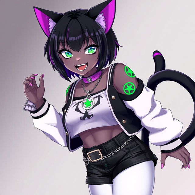 Anime style 27-year-old female black cat girl with two tails, featuring short black hair with vivid purple highlights, glowing bright green cat eyes, and pink cat-like nails