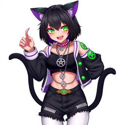 Anime style 27-year-old female black cat girl with two tails, featuring short black hair with vivid purple highlights, glowing bright green cat eyes, and pink cat-like nails