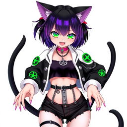 Anime style 27-year-old female black cat girl with two tails, featuring short black hair with vivid purple highlights, glowing bright green cat eyes, and pink cat-like nails