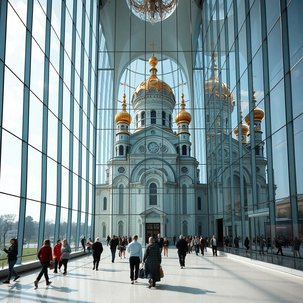 Kiev Pechersk Lavra elegantly displayed inside the grand hall of a colossal glass skyscraper with bionic architectural design