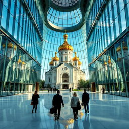 Kiev Pechersk Lavra elegantly displayed inside the grand hall of a colossal glass skyscraper with bionic architectural design