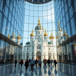 Kiev Pechersk Lavra elegantly displayed inside the grand hall of a colossal glass skyscraper with bionic architectural design