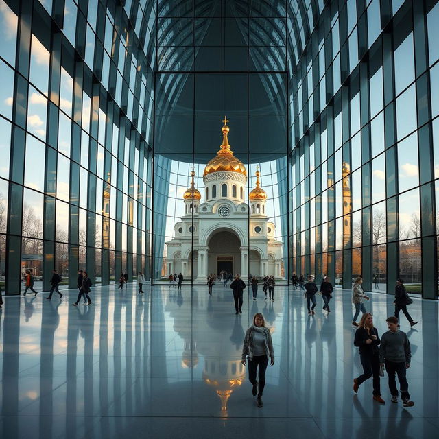 Kiev Pechersk Lavra elegantly displayed inside the grand hall of a colossal glass skyscraper with bionic architectural design