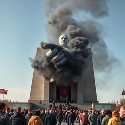 A large monument of Lenin with a long queue of people standing in front of it