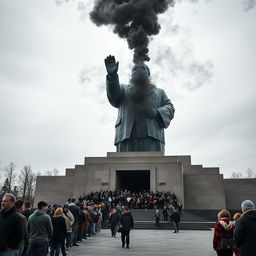 A large monument of Lenin with a long queue of people standing in front of it