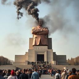 A large monument of Lenin with a long queue of people standing in front of it