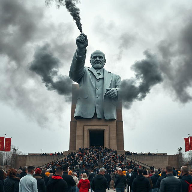 A large monument of Lenin with a long queue of people standing in front of it