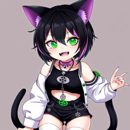 Anime-style cat girl aged 27, featuring two black tails and short black hair with purple highlights