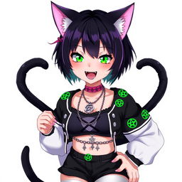 Anime-style cat girl aged 27, featuring two black tails and short black hair with purple highlights