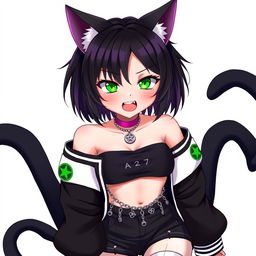 Anime-style cat girl aged 27, featuring two black tails and short black hair with purple highlights