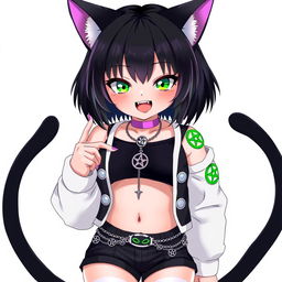 Anime-style cat girl aged 27, featuring two black tails and short black hair with purple highlights