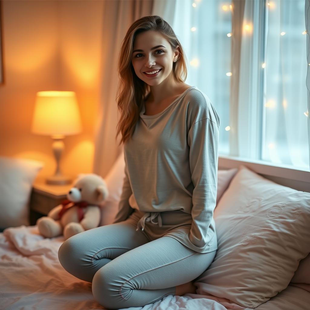 Young woman in pajamas, wearing tightly fitted pants, in a cozy bedroom setting