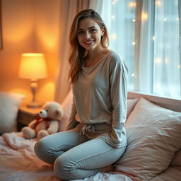 Young woman in pajamas, wearing tightly fitted pants, in a cozy bedroom setting