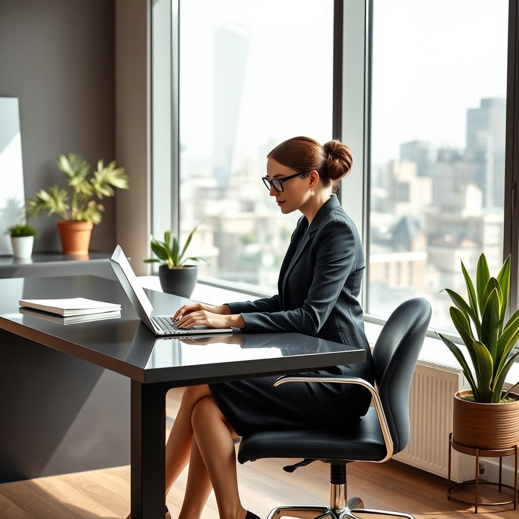 elegant and professional female secretary sitting at a modern office desk, typing on a sleek laptop