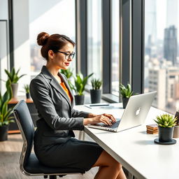 elegant and professional female secretary sitting at a modern office desk, typing on a sleek laptop