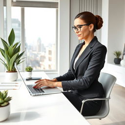 elegant and professional female secretary sitting at a modern office desk, typing on a sleek laptop