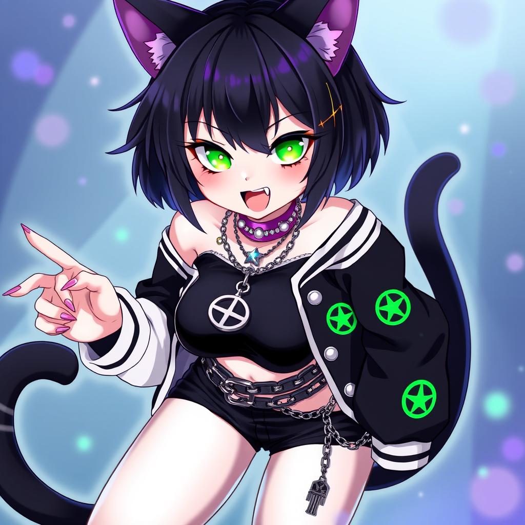 Anime style character of a 27-year-old black cat girl with two tails