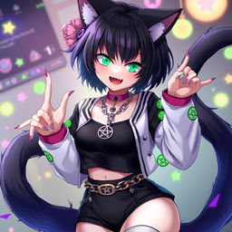 Anime style character of a 27-year-old black cat girl with two tails