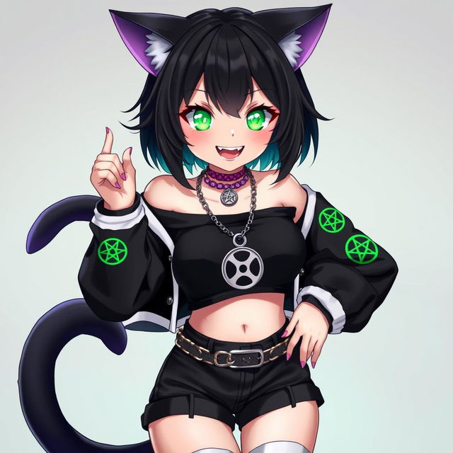 Anime style character of a 27-year-old black cat girl with two tails