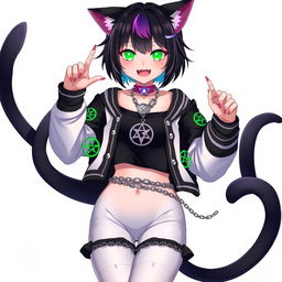 Anime style character of a 27-year-old black cat girl with two tails