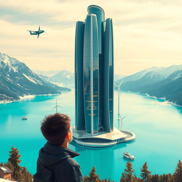 A young man gazes at a futuristic, bionic-styled skyscraper standing in a turquoise lake