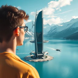 A young man gazes at a futuristic, bionic-styled skyscraper standing in a turquoise lake