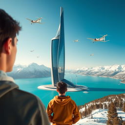 A young man gazes at a futuristic, bionic-styled skyscraper standing in a turquoise lake