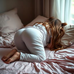 A beautiful eighteen-year-old girl is lying face down on a bed