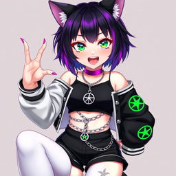 Anime style portrait of a 27-year-old cat girl with two tails, featuring short black hair with vibrant purple highlights