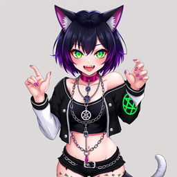 Anime style portrait of a 27-year-old cat girl with two tails, featuring short black hair with vibrant purple highlights