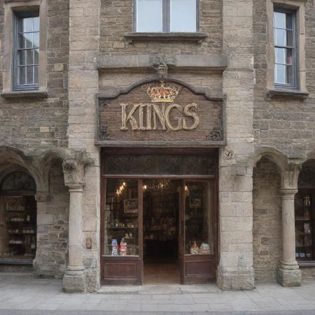 A regal and majestic store with a sign that reads 'Kings'. The architecture is reminiscent of a medieval castle complete with stone walls, arches, and turrets.