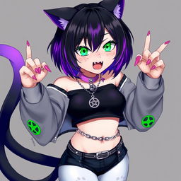 Anime style portrait of a 27-year-old cat girl with two tails, featuring short black hair with vibrant purple highlights