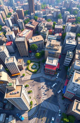 Top view of Shaheswar city, with detailed buildings, streets, and vehicles, in a style reminiscent of the video game Grand Theft Auto