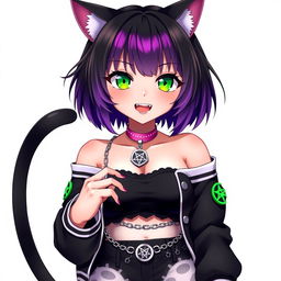 Anime style portrait of a 27-year-old cat girl with two tails, featuring short black hair with vibrant purple highlights