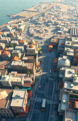 A top view of Shahsavar city in Iran depicted in the style of a Grand Theft Auto video game, showcasing the unique urban landscape of the city, including its coastal location on the Caspian Sea, traditional architecture, and bustling city life with vibrant streets