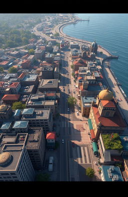 A top view of Shahsavar city in Iran depicted in the style of a Grand Theft Auto video game, showcasing the unique urban landscape of the city, including its coastal location on the Caspian Sea, traditional architecture, and bustling city life with vibrant streets