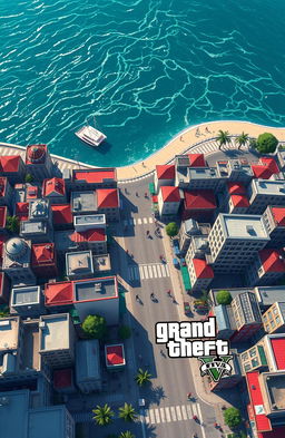 A top view of Shahsavar city in Iran depicted in the style of a Grand Theft Auto video game, showcasing the unique urban landscape of the city, including its coastal location on the Caspian Sea, traditional architecture, and bustling city life with vibrant streets