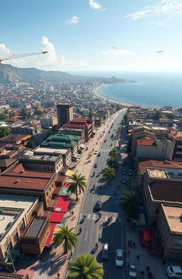 A top view of Shahsavar city in Iran depicted in the style of a Grand Theft Auto video game, showcasing the unique urban landscape of the city, including its coastal location on the Caspian Sea, traditional architecture, and bustling city life with vibrant streets