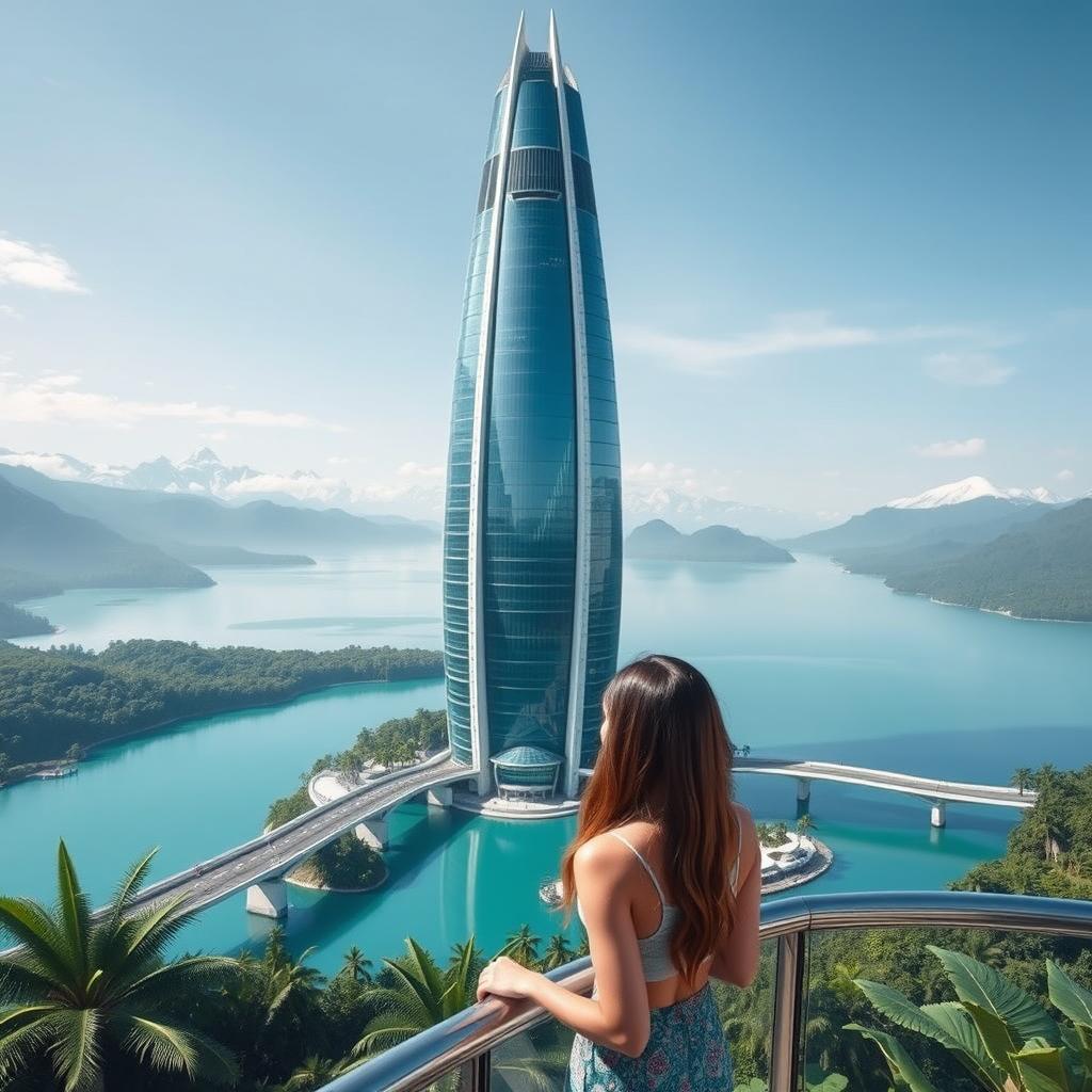 A futuristic, bionic-styled skyscraper stands in a turquoise lake