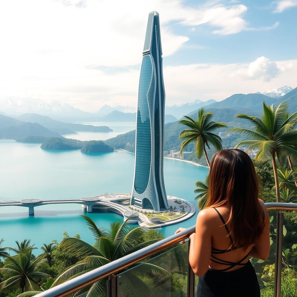 A futuristic, bionic-styled skyscraper stands in a turquoise lake