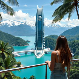 A futuristic, bionic-styled skyscraper stands in a turquoise lake