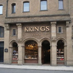 A regal and majestic store with a sign that reads 'Kings'. The architecture is reminiscent of a medieval castle complete with stone walls, arches, and turrets.