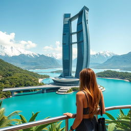 A futuristic, bionic-styled skyscraper stands in a turquoise lake