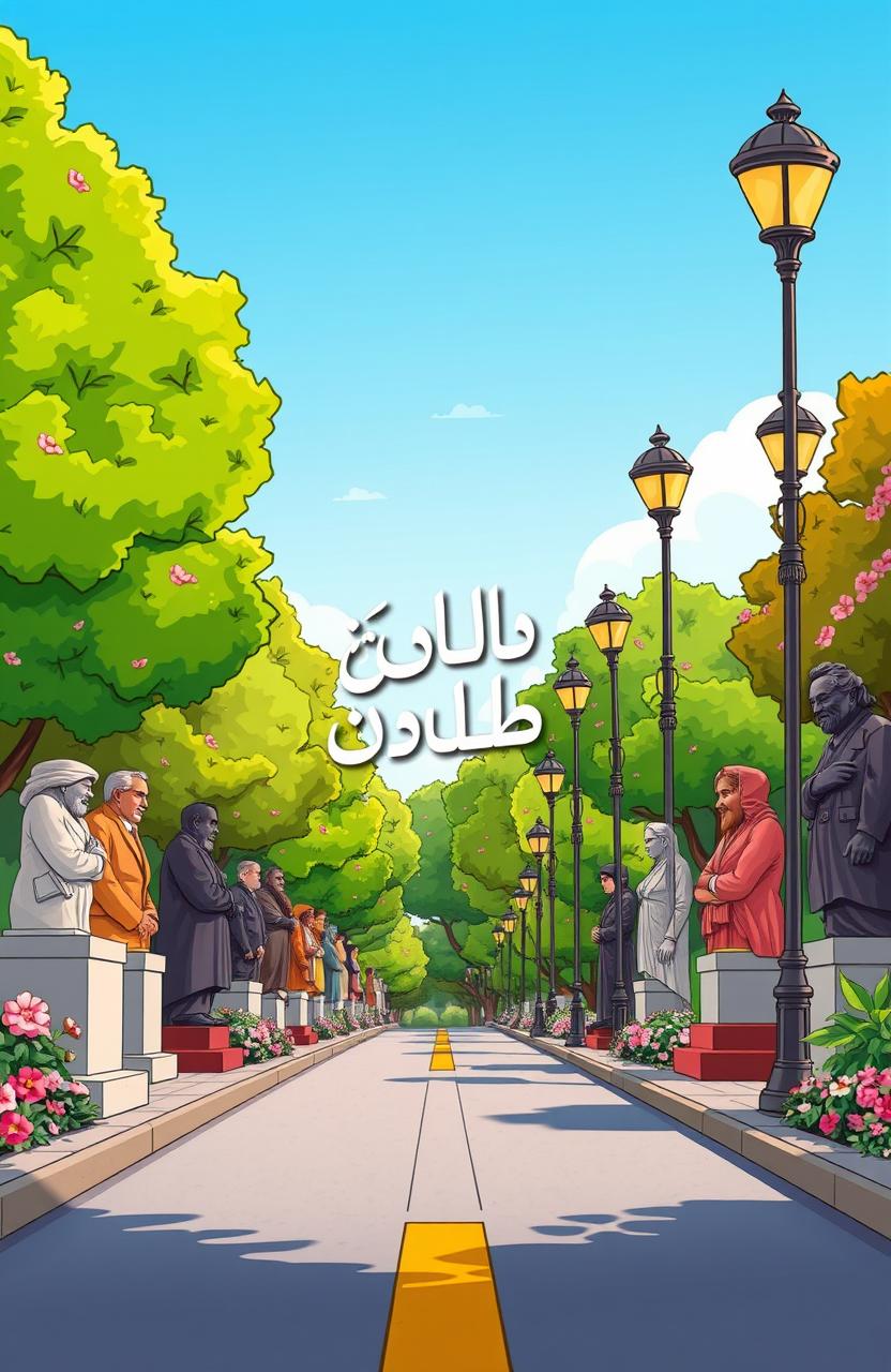 A colorful and vibrant cartoon illustration featuring a street or pathway lined with statues or portraits of famous historical figures, symbolizing the 'Path of Celebrities'